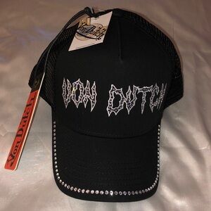 Von Dutch Black Dark Glamour Drip Von Dutch Logo Rhinestone Trucker Hat OS NWT